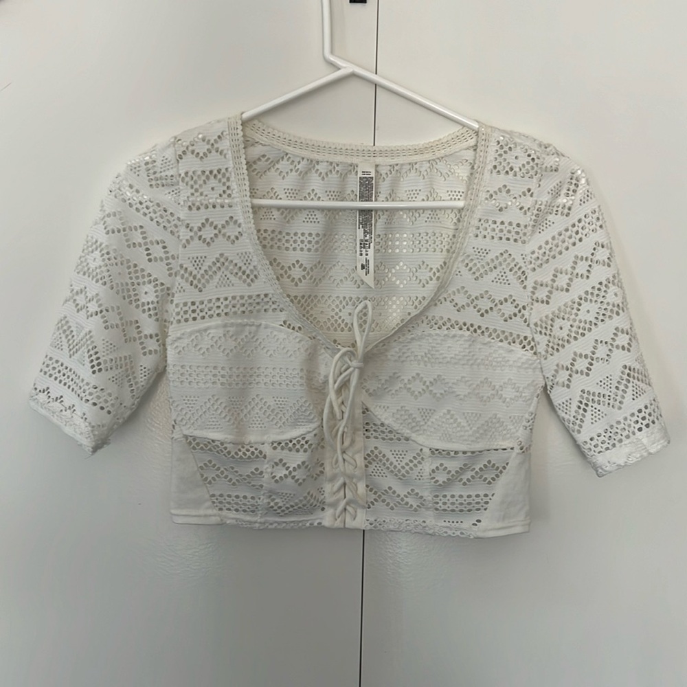 Lace White Crop Top with Tie. Size S.